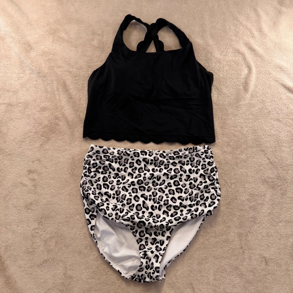 Kiava Scallop Tankini Leopard High Waist Bikini Set Black Animal Print Swim Sz M